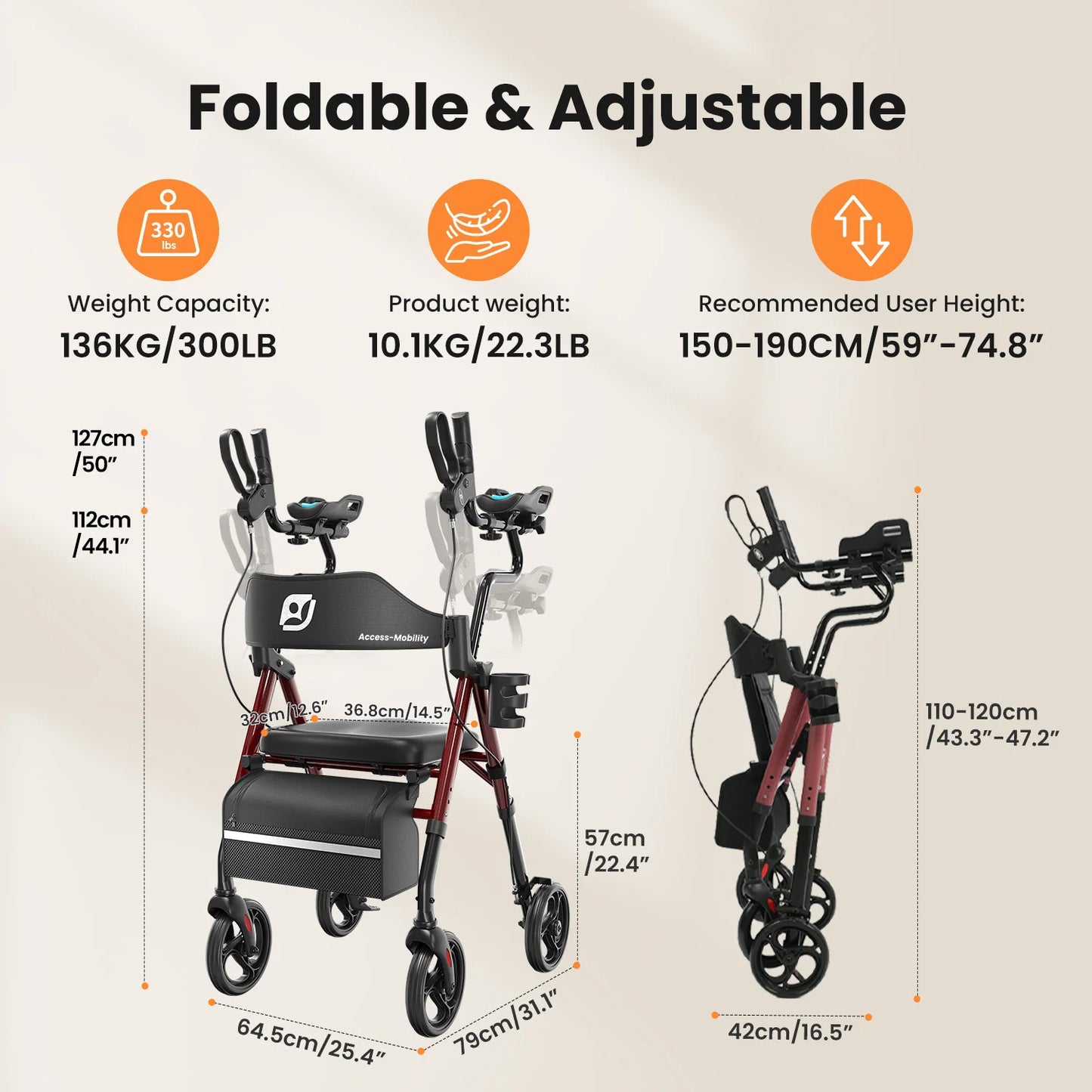Upright Rollator Walker with Seat (Mobility Aid)