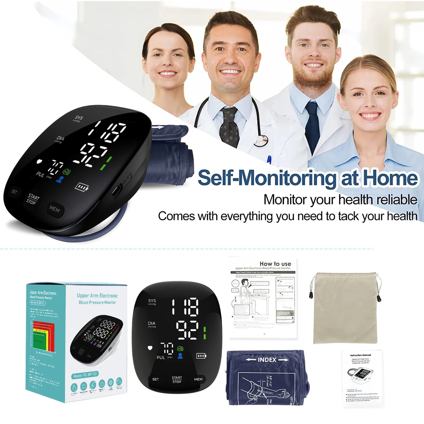 LED Smart Automatic Upper Arm Blood Pressure Monitor – Home Use BP Machine with Large Display