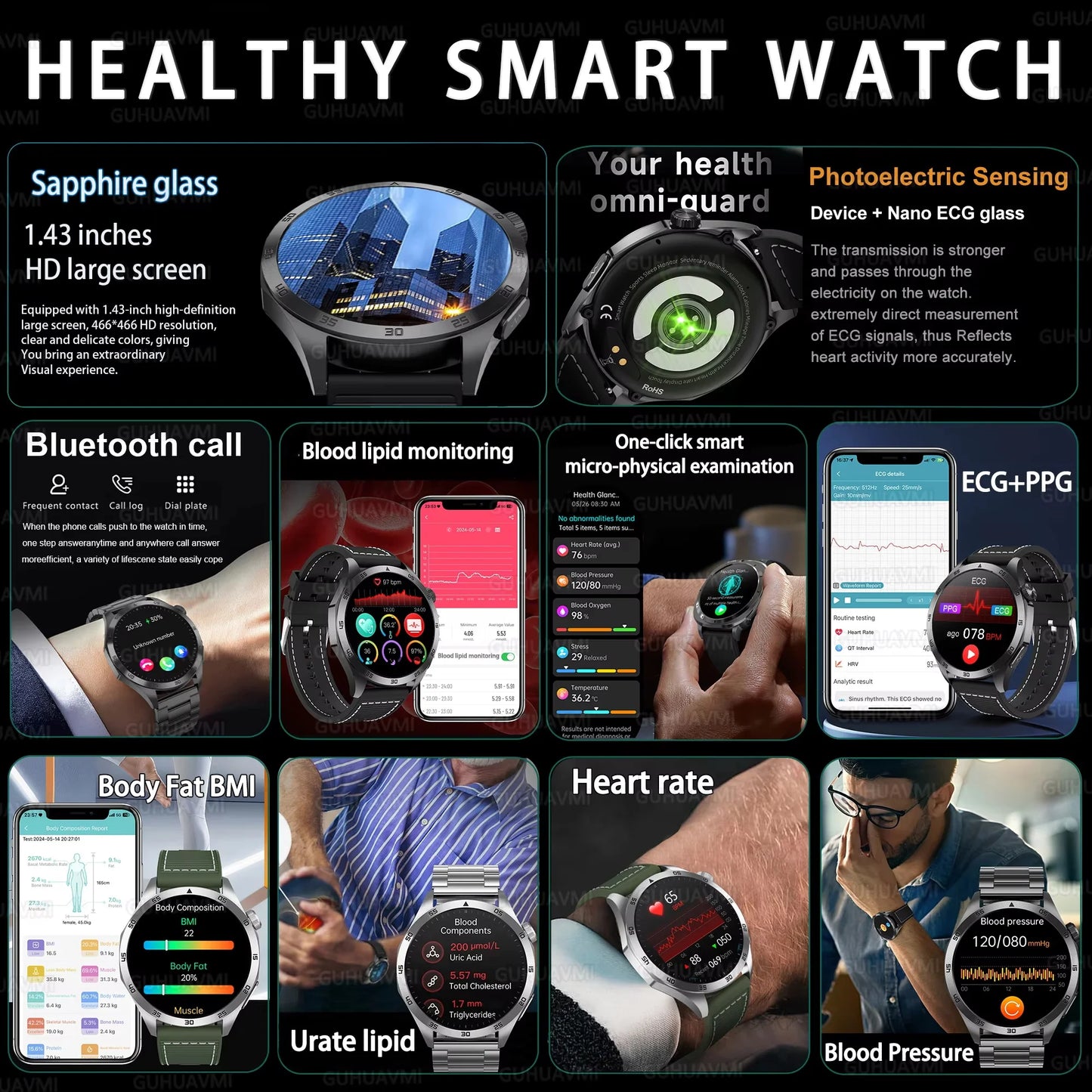 Advanced Health Smartwatch – ECG, Blood Pressure & SpO₂ Monitoring with App Tracking