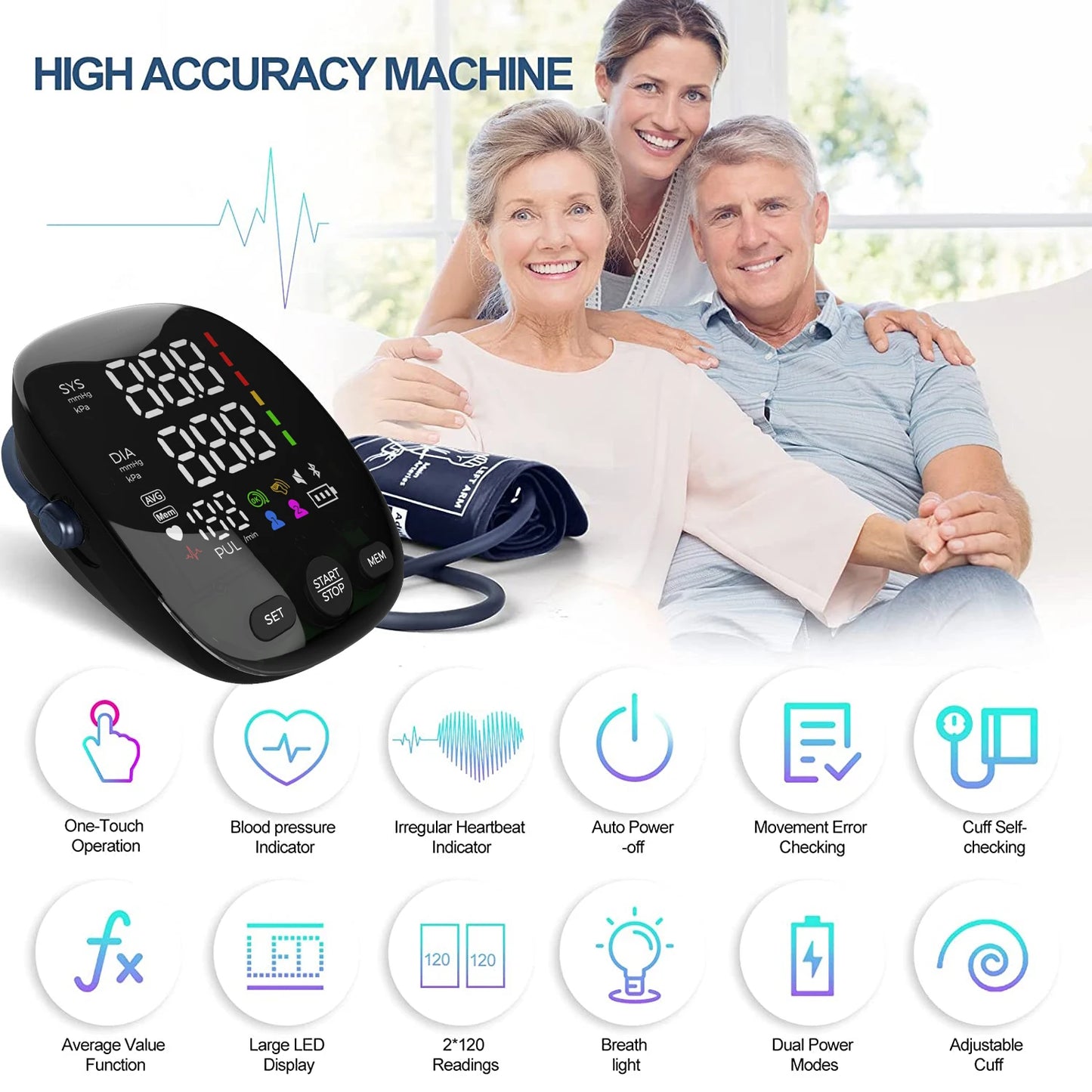 LED Smart Automatic Upper Arm Blood Pressure Monitor – Home Use BP Machine with Large Display